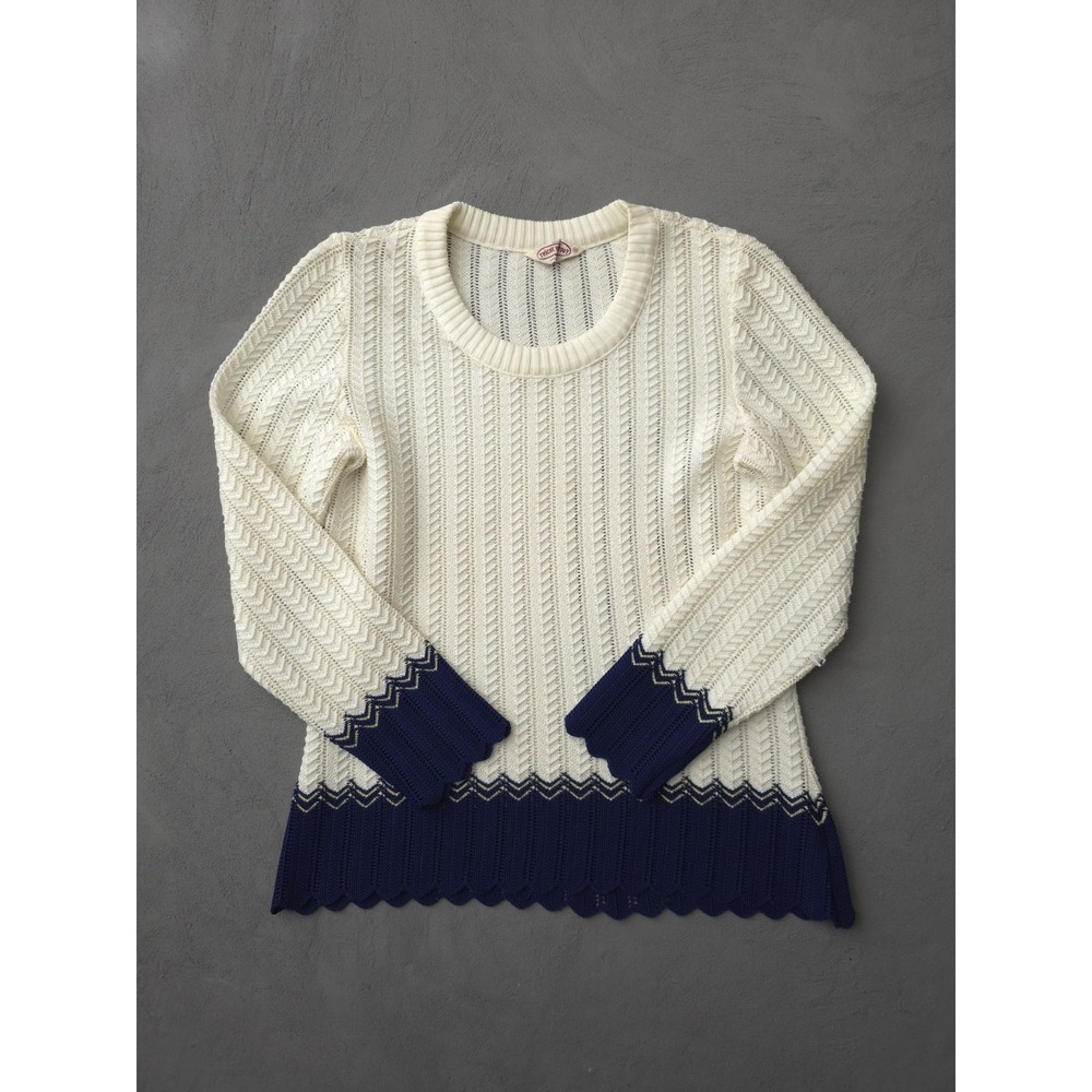 Vintage 1960s Women's White Navy Blue‎ Tricot Knit Lace Blouse Top Scoop Neck 18